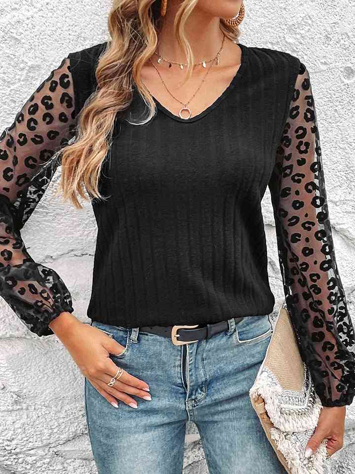 Leopard Long Sleeve V-Neck Top BLUE ZONE PLANET