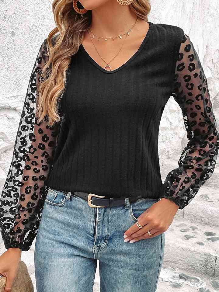 Leopard Long Sleeve V-Neck Top BLUE ZONE PLANET