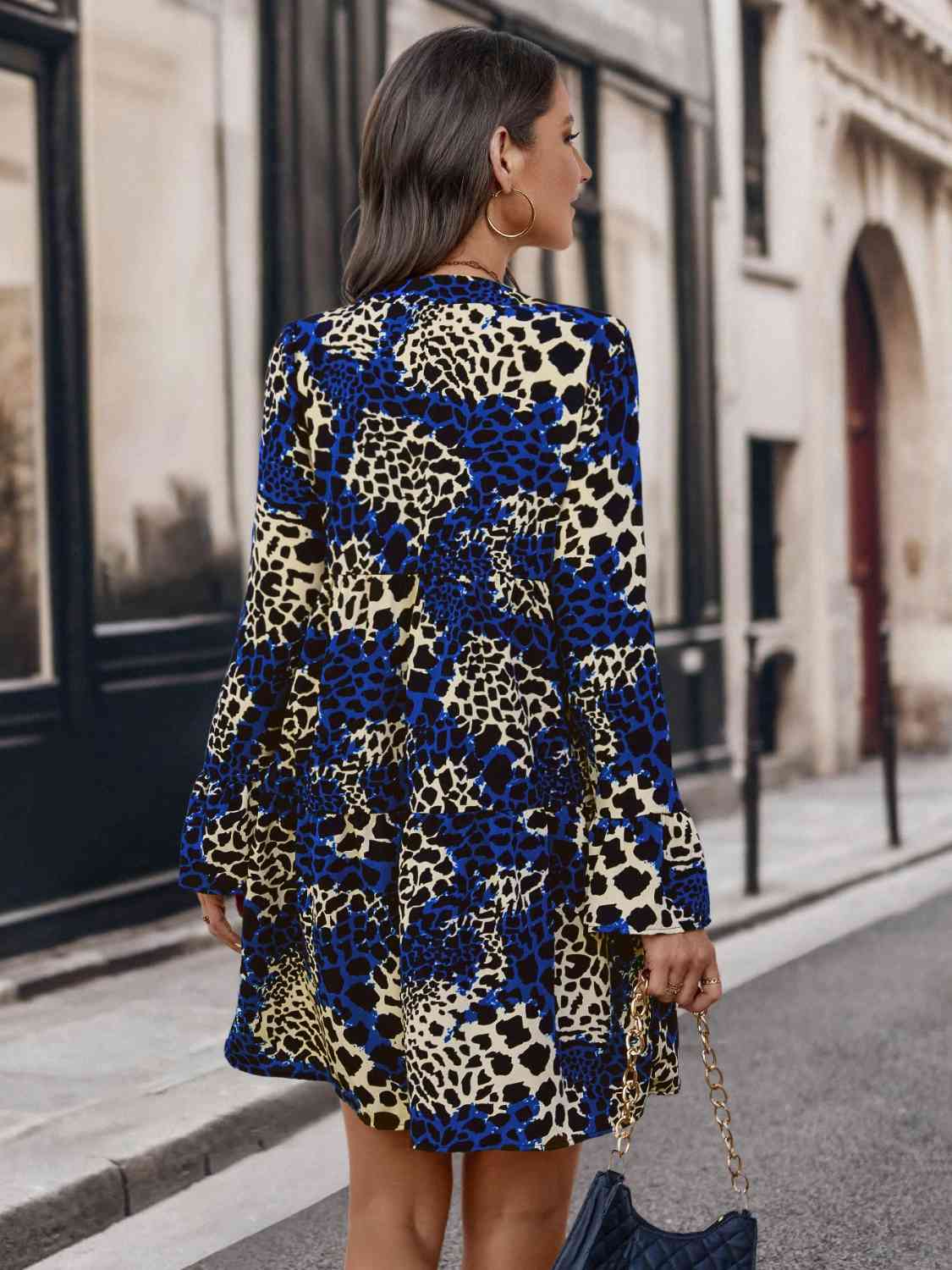 Leopard Notched Long Sleeve Dress BLUE ZONE PLANET