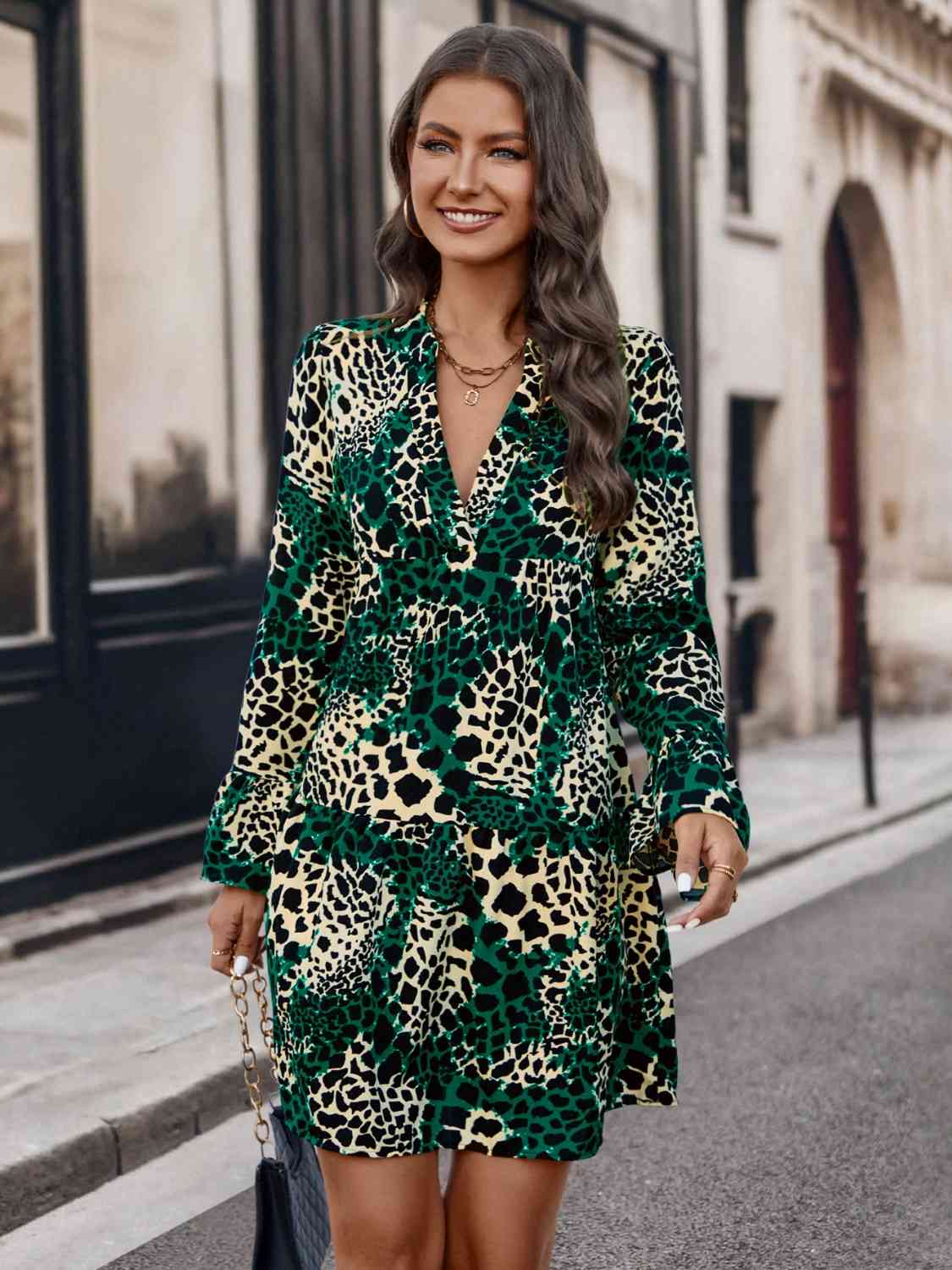 Leopard Notched Long Sleeve Dress BLUE ZONE PLANET