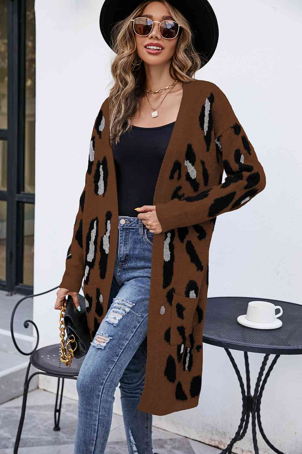 Leopard Open Front Cardigan with Pockets BLUE ZONE PLANET