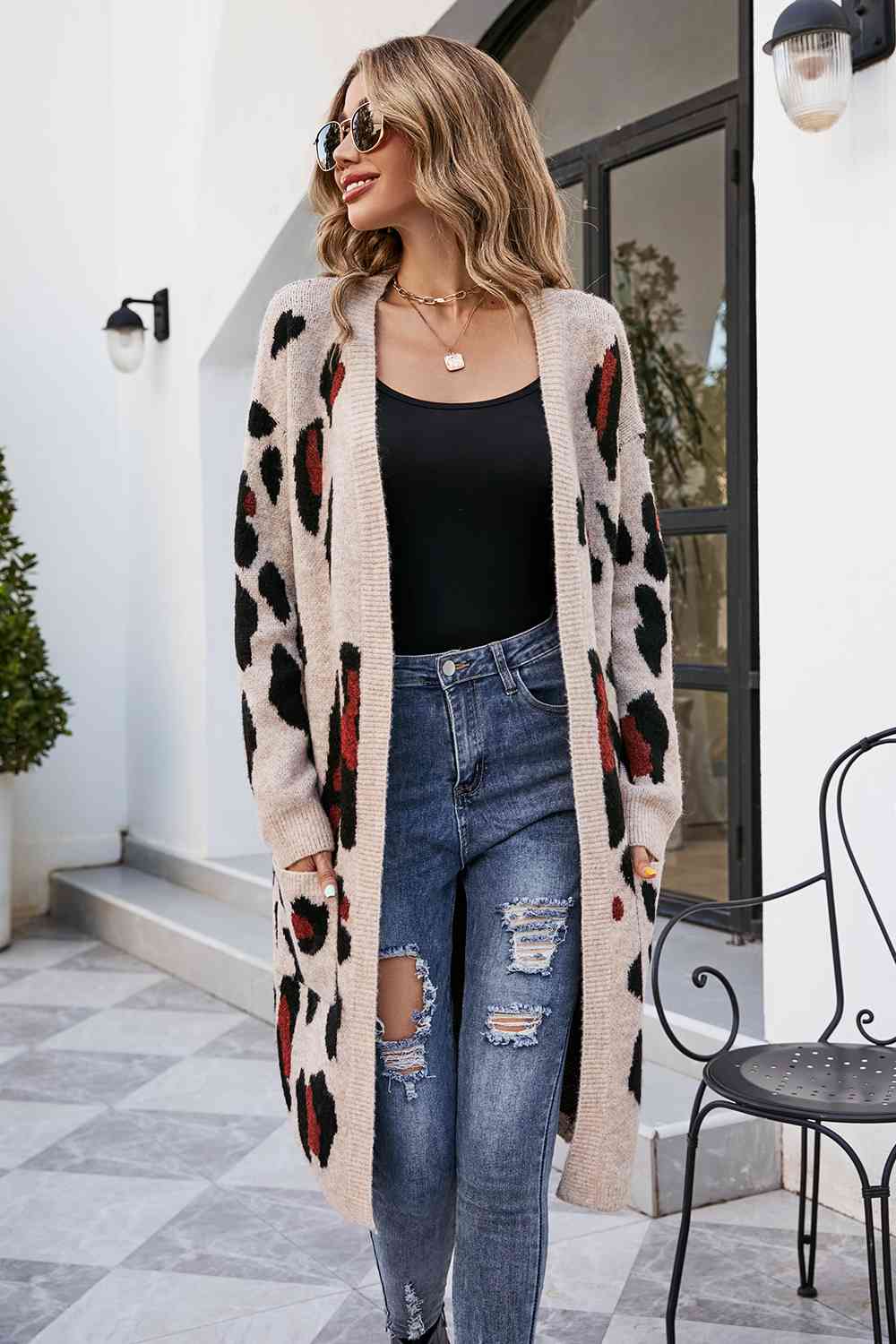 Leopard Open Front Cardigan with Pockets BLUE ZONE PLANET