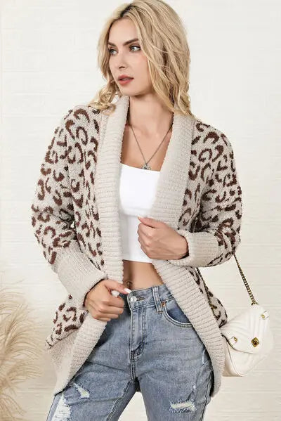 Leopard Open Front Dropped Shoulder Cardigan BLUE ZONE PLANET