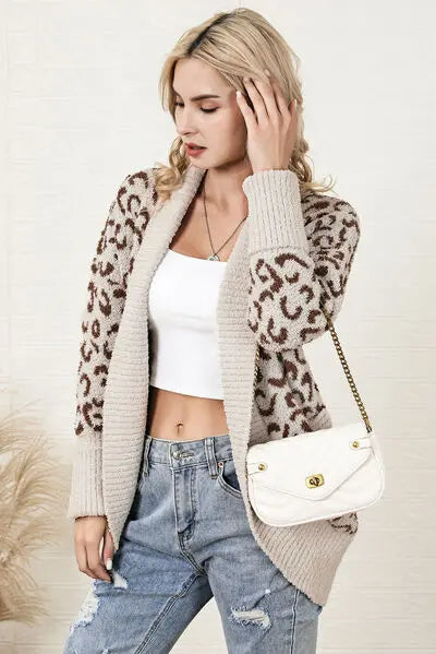 Leopard Open Front Dropped Shoulder Cardigan BLUE ZONE PLANET