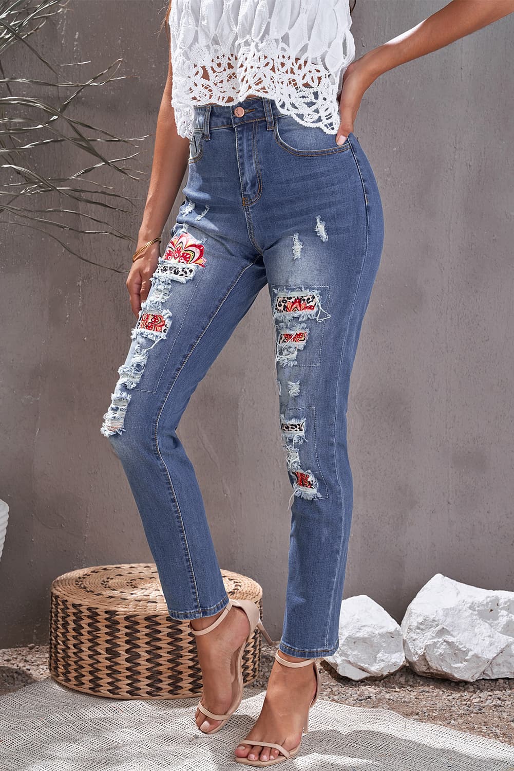 Leopard Patch Ankle-Length Jeans BLUE ZONE PLANET