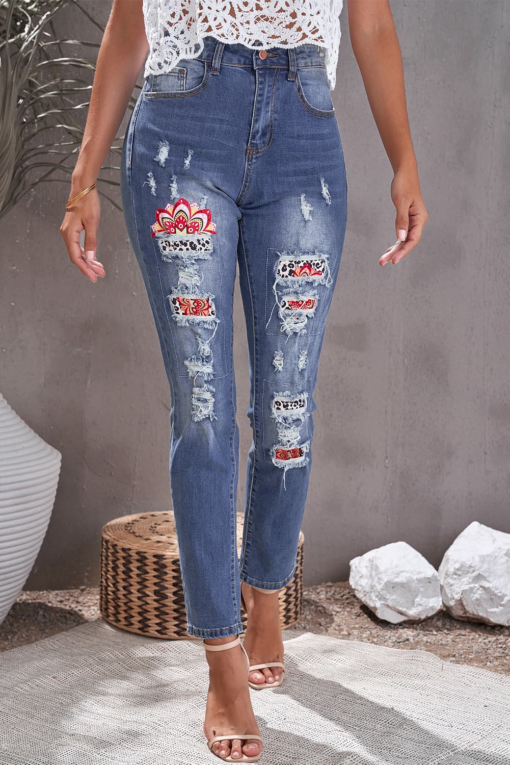 Leopard Patch Ankle-Length Jeans BLUE ZONE PLANET