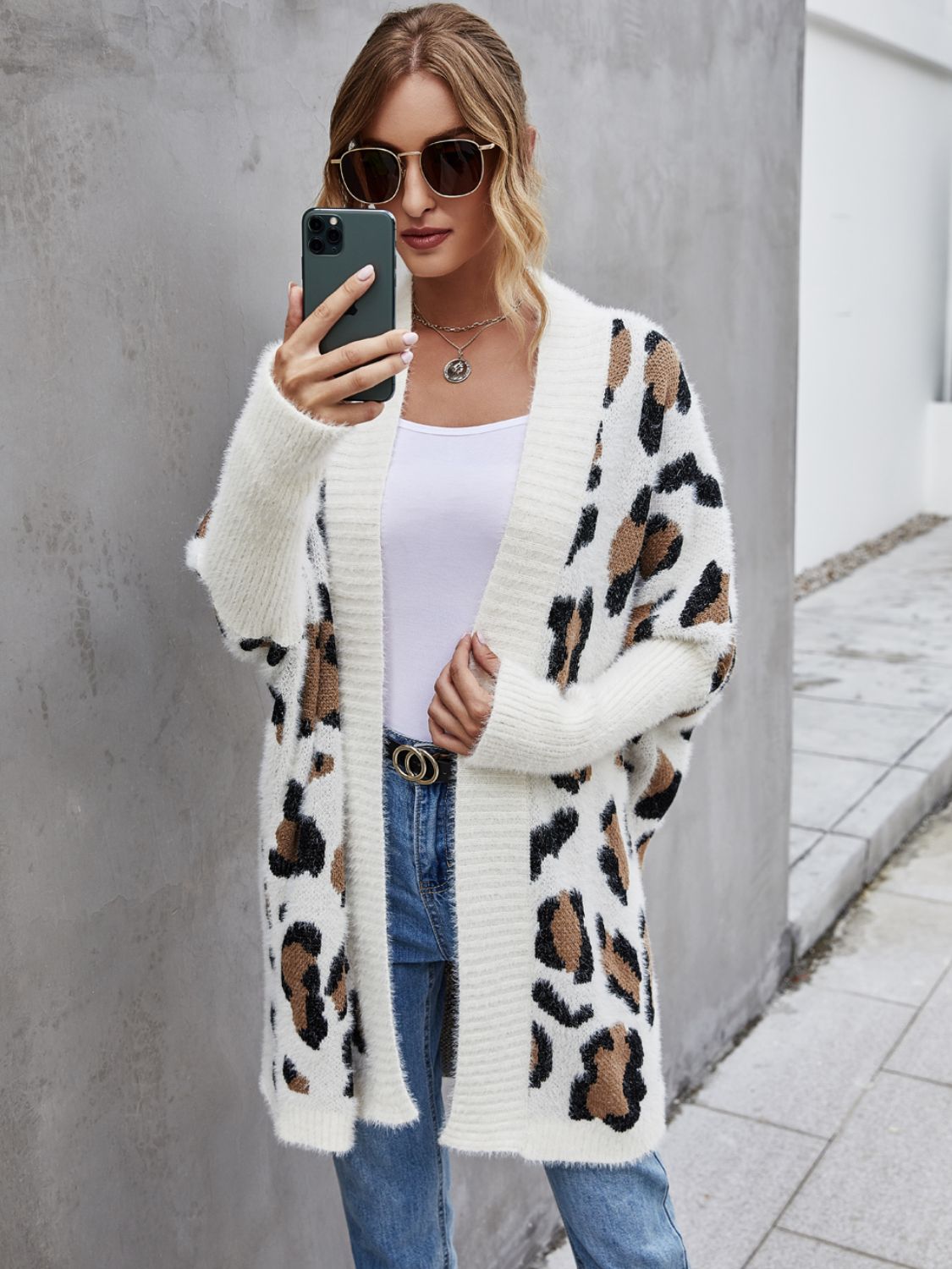 Leopard Pattern Fuzzy Cardigan BLUE ZONE PLANET