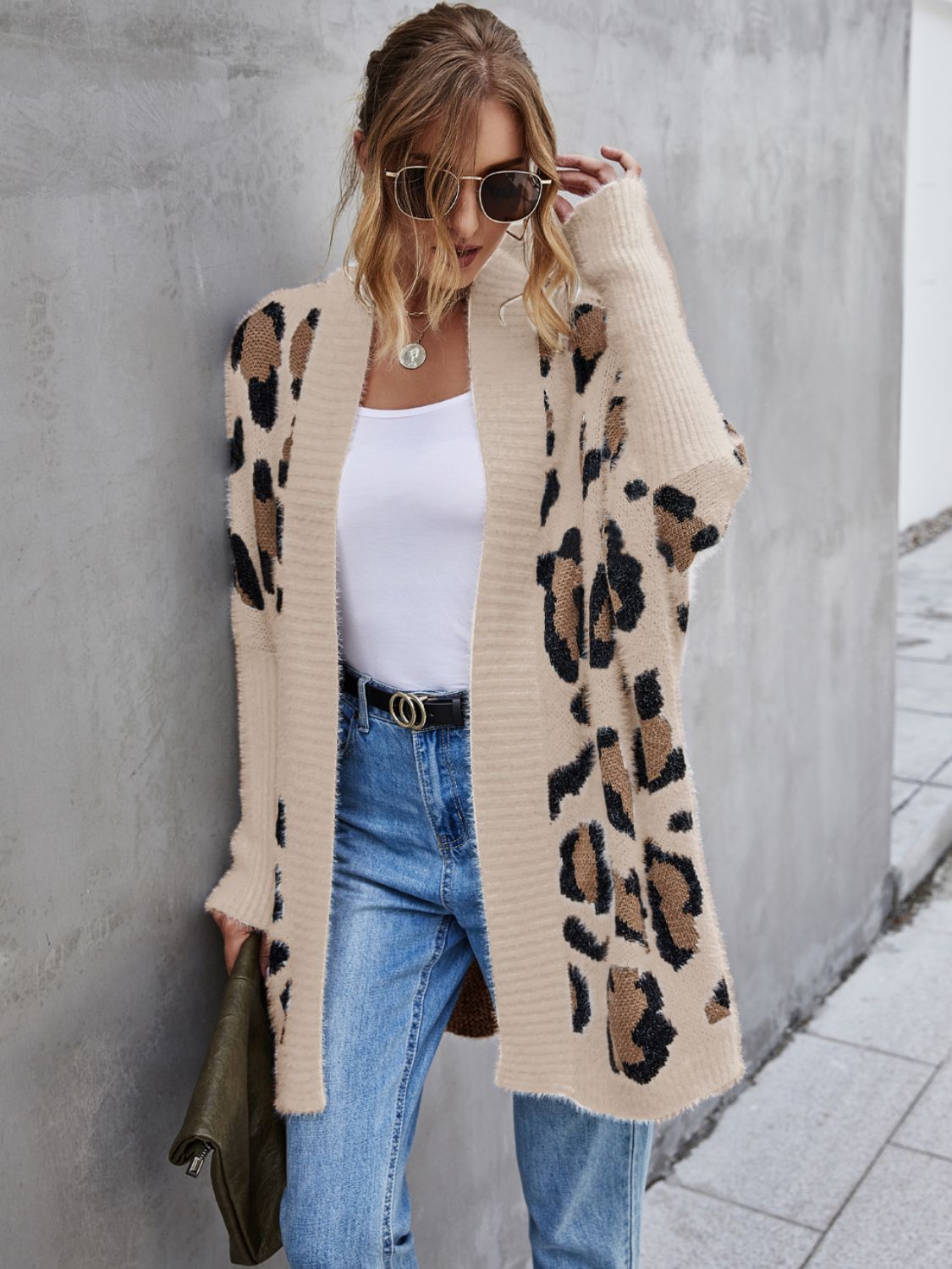 Leopard Pattern Fuzzy Cardigan BLUE ZONE PLANET