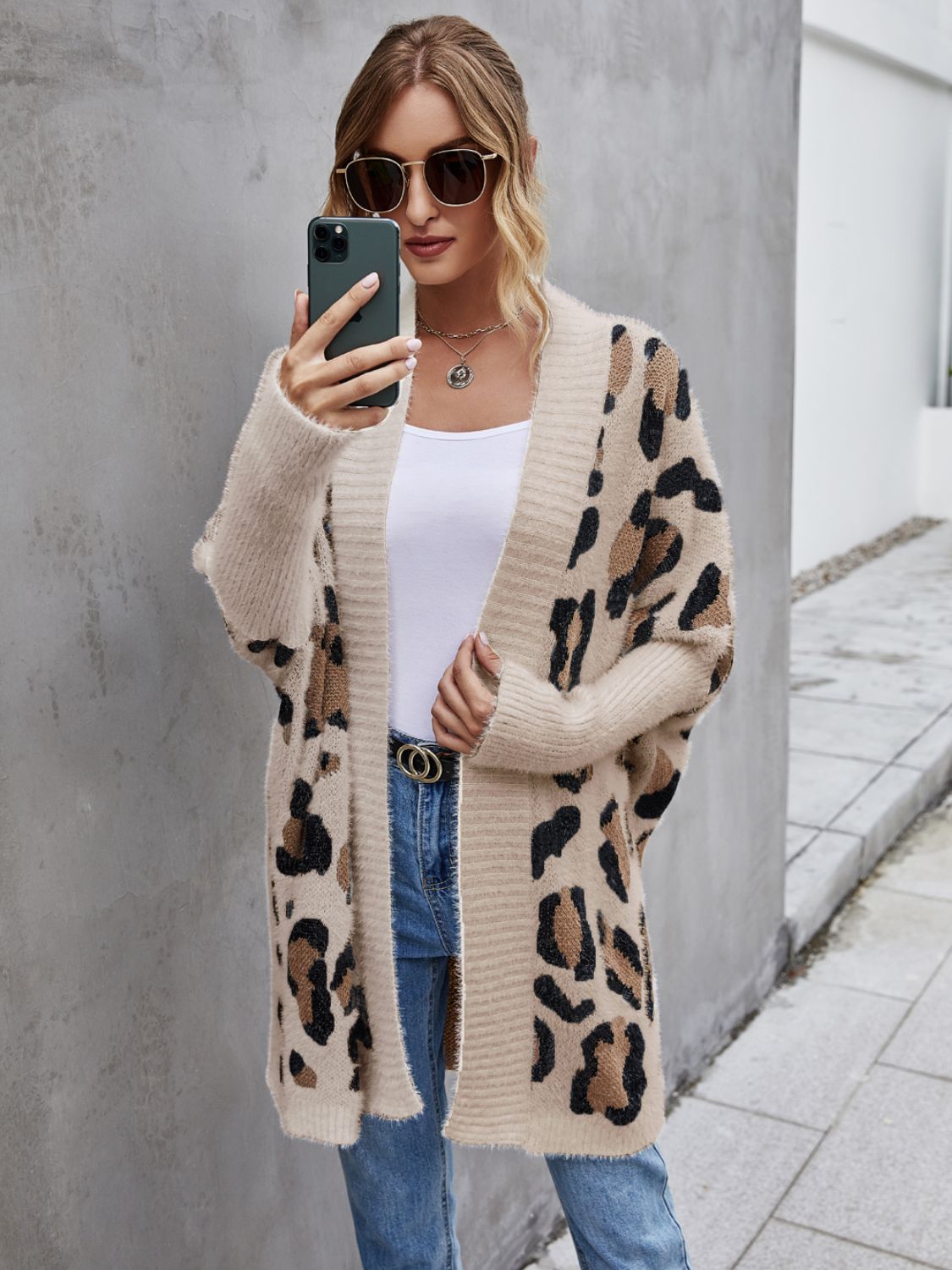 Leopard Pattern Fuzzy Cardigan BLUE ZONE PLANET