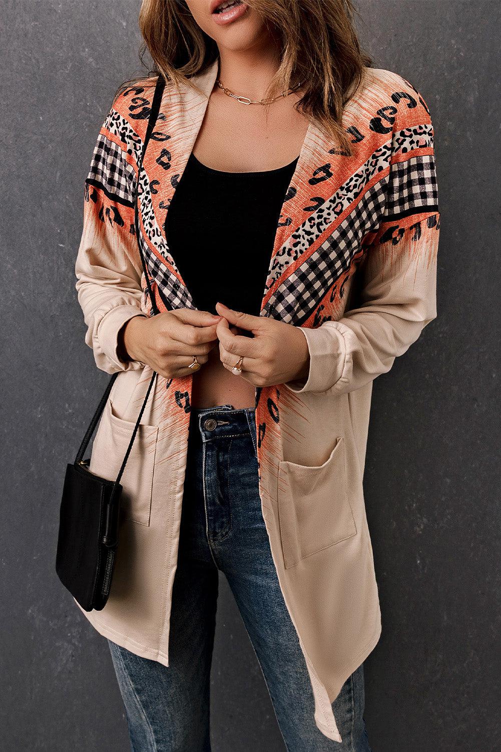 Leopard Plaid Open Front Longline Cardigan with Pockets BLUE ZONE PLANET