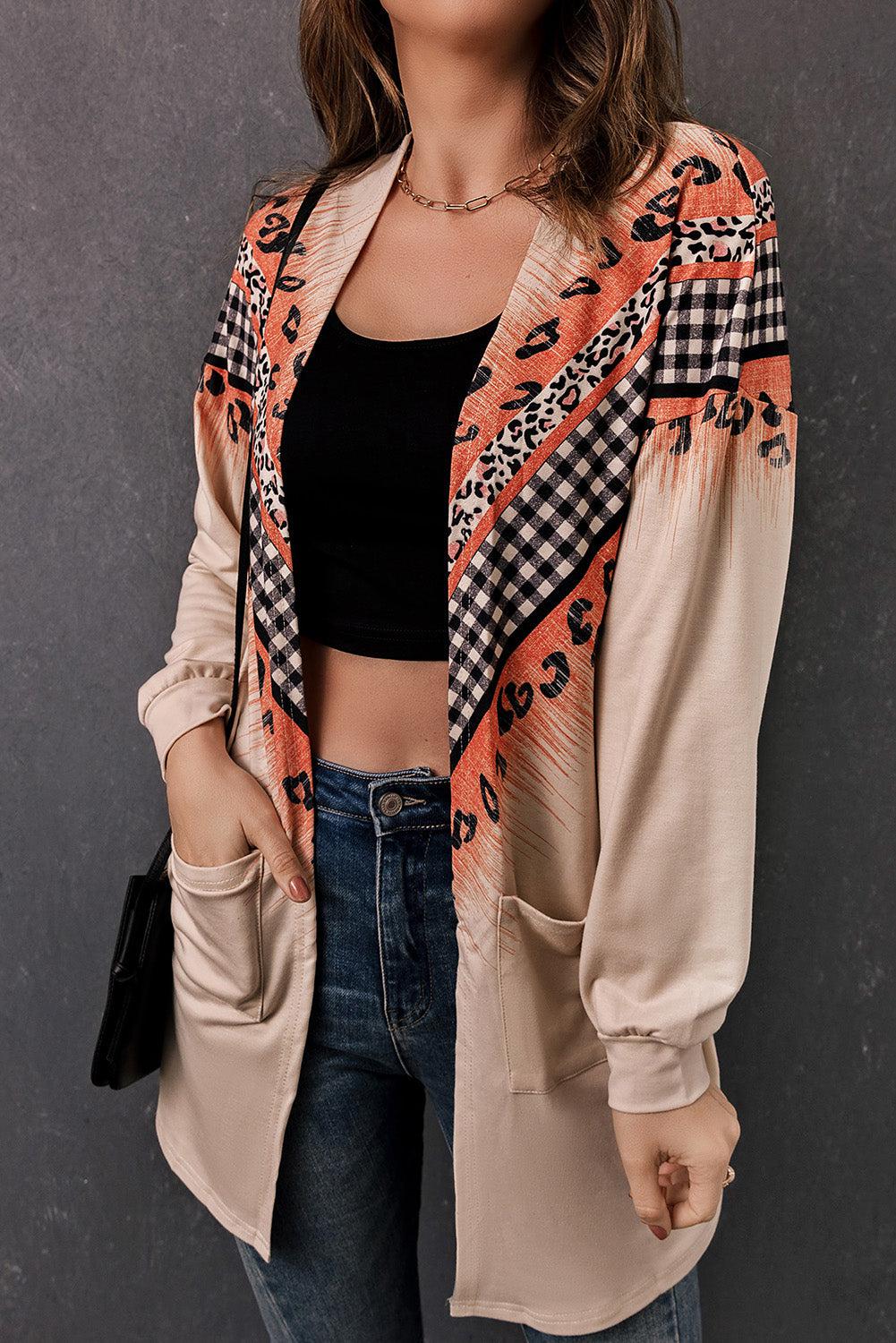 Leopard Plaid Open Front Longline Cardigan with Pockets BLUE ZONE PLANET