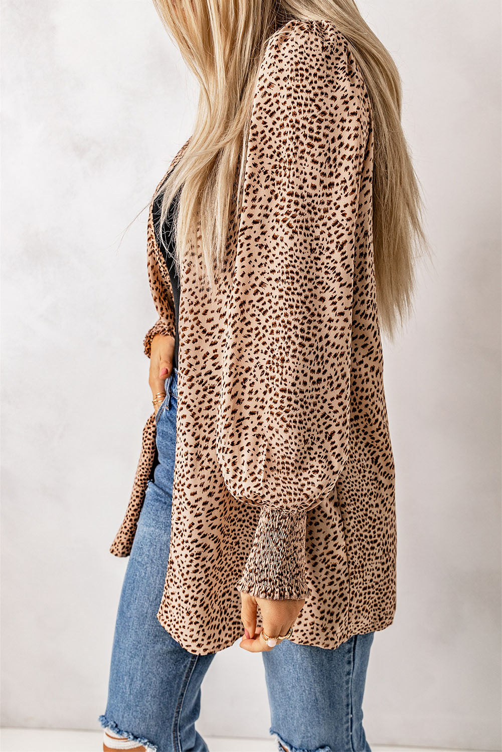 Leopard Print Balloon Sleeve Cardigan BLUE ZONE PLANET