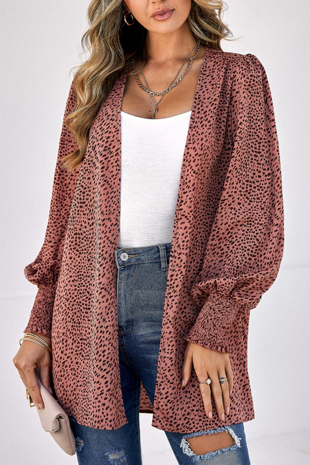 Leopard Print Balloon Sleeve Cardigan BLUE ZONE PLANET