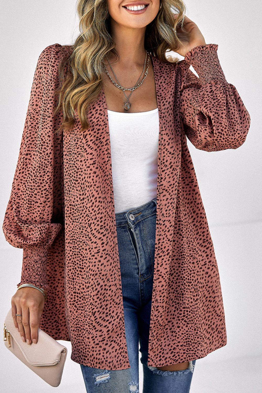 Leopard Print Balloon Sleeve Cardigan BLUE ZONE PLANET