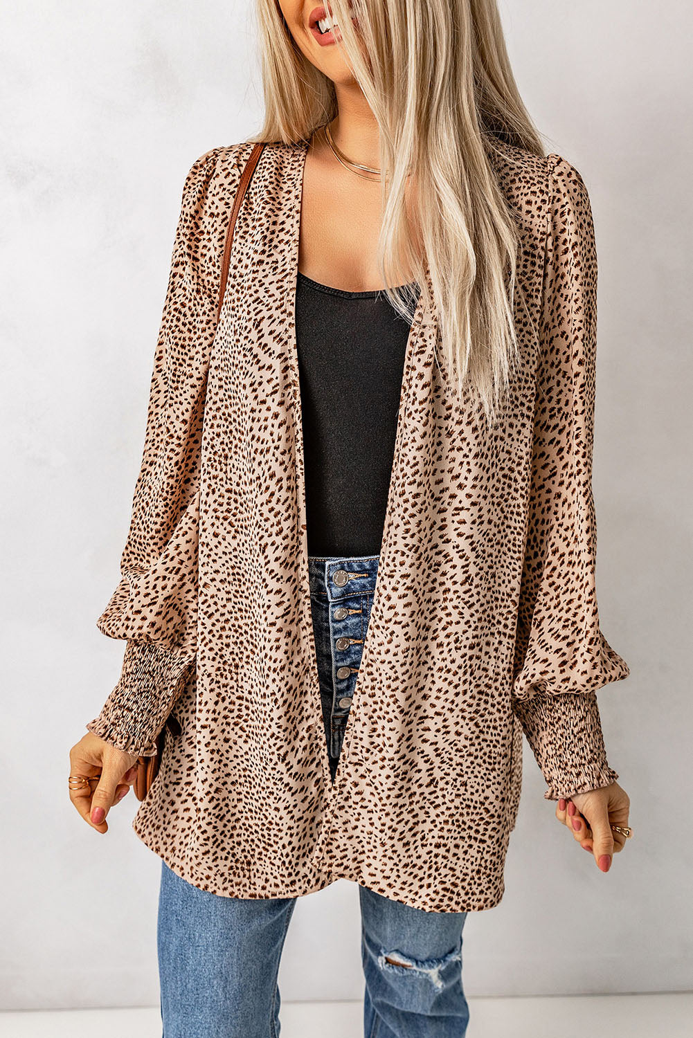 Leopard Print Balloon Sleeve Cardigan BLUE ZONE PLANET