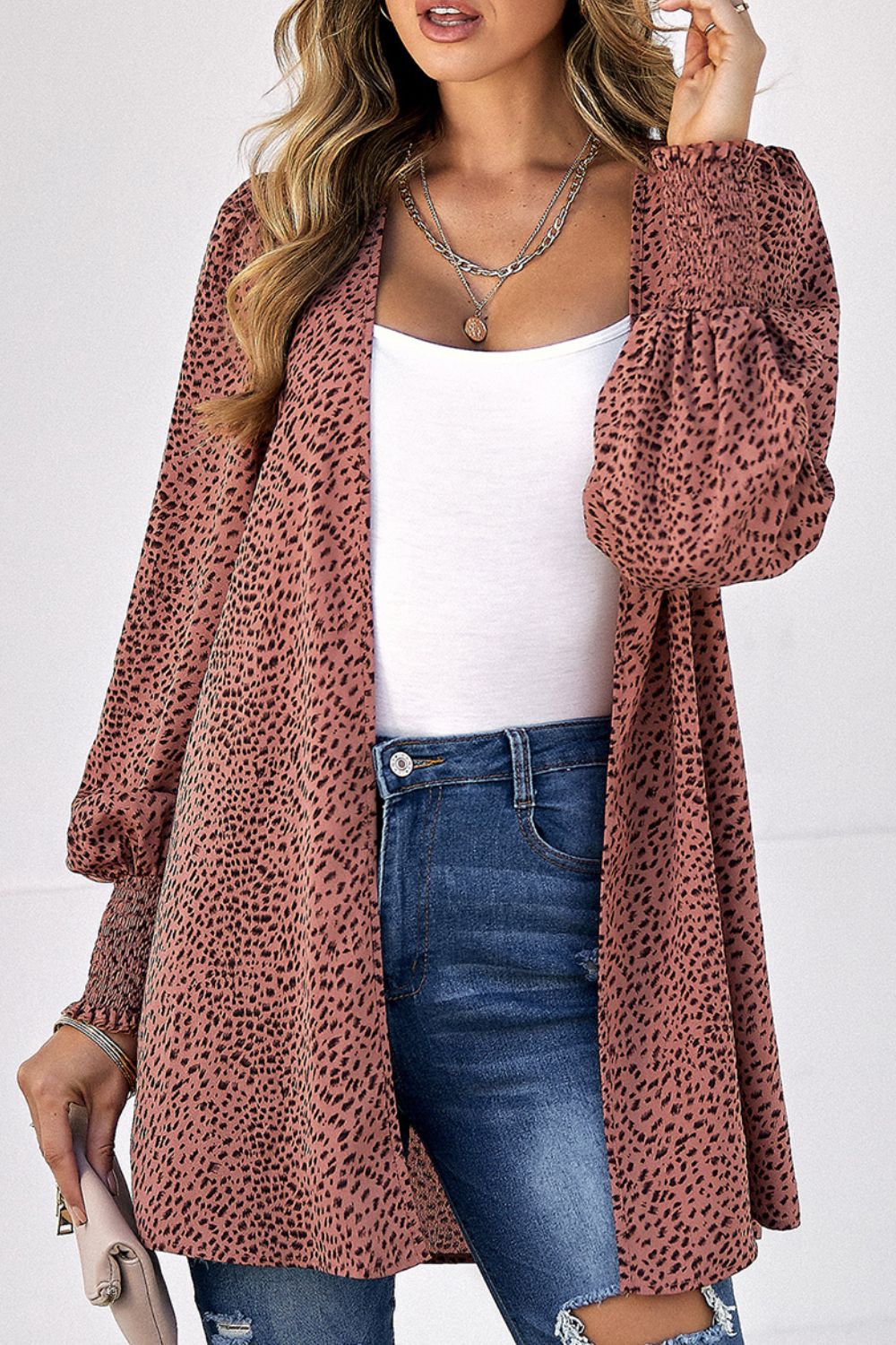 Leopard Print Balloon Sleeve Cardigan BLUE ZONE PLANET