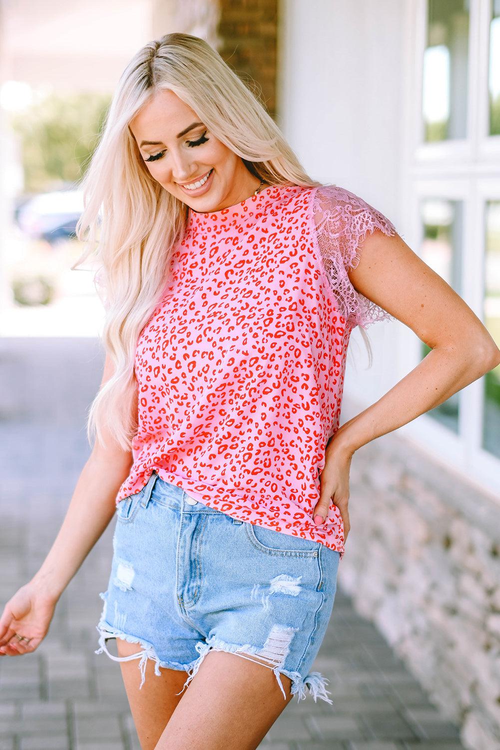 Leopard Print Lace Short Sleeve Blouse BLUE ZONE PLANET