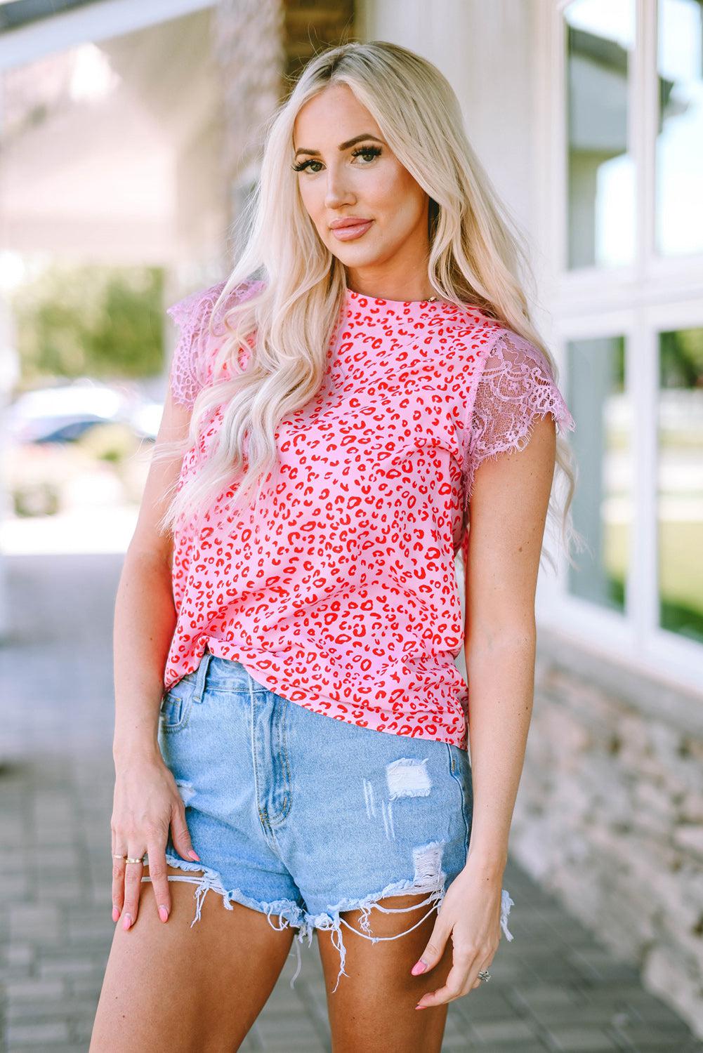 Leopard Print Lace Short Sleeve Blouse BLUE ZONE PLANET