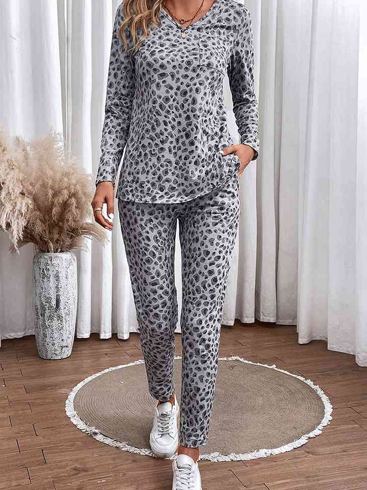 Leopard Print Long Sleeve Top and Pants Set BLUE ZONE PLANET