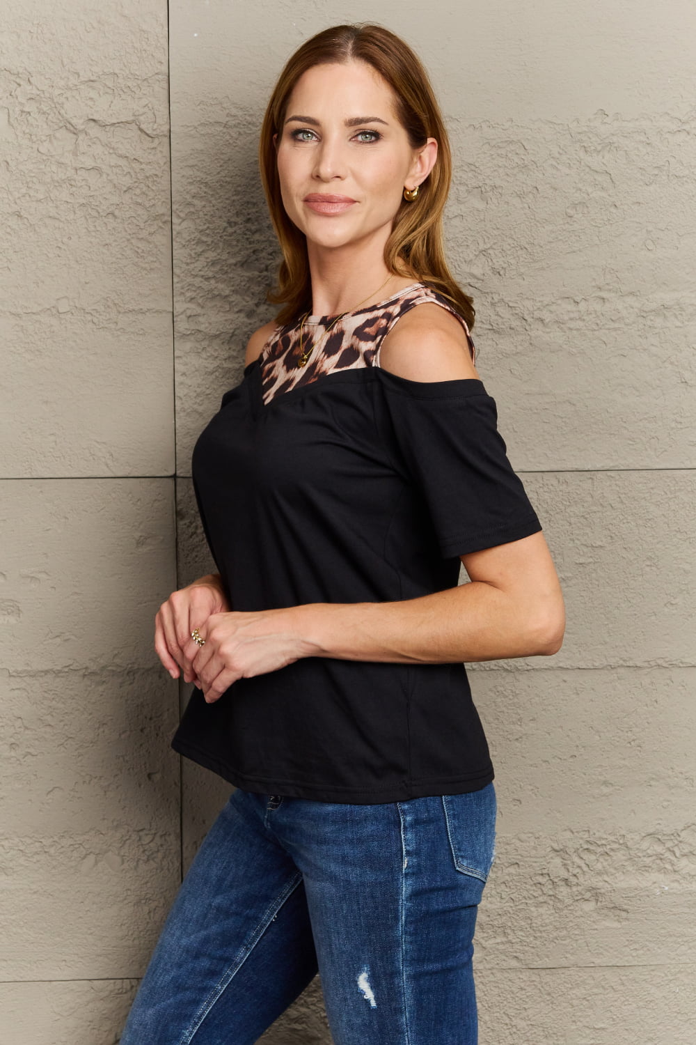 Leopard Print Round Neck Cold Shoulder Blouse BLUE ZONE PLANET