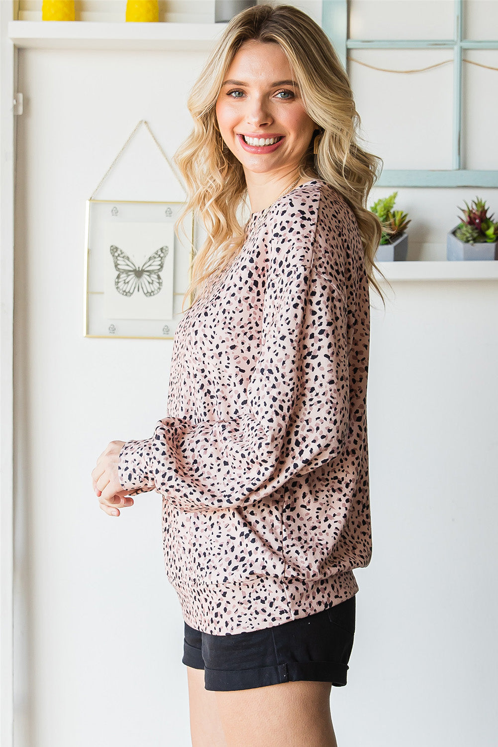 Leopard Print Round Neck Long Sleeve Sweatshirt BLUE ZONE PLANET