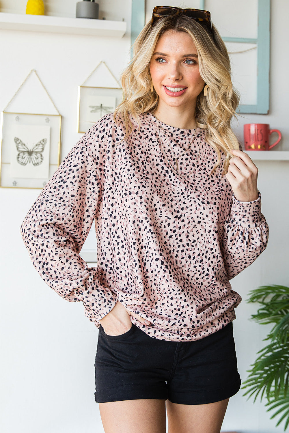 Leopard Print Round Neck Long Sleeve Sweatshirt BLUE ZONE PLANET