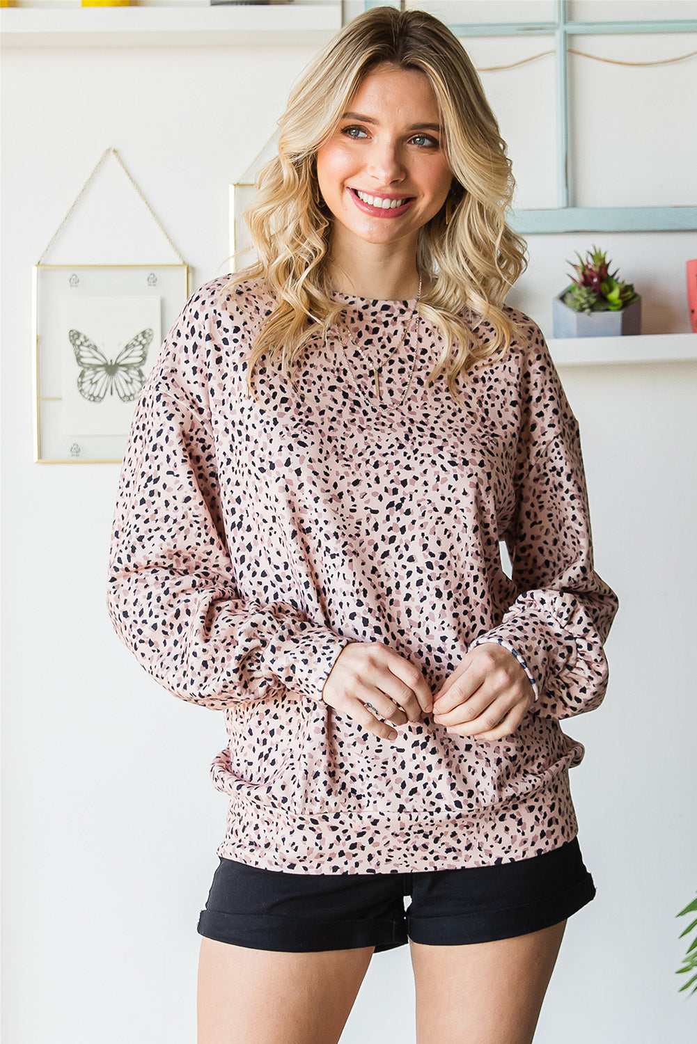 Leopard Print Round Neck Long Sleeve Sweatshirt BLUE ZONE PLANET