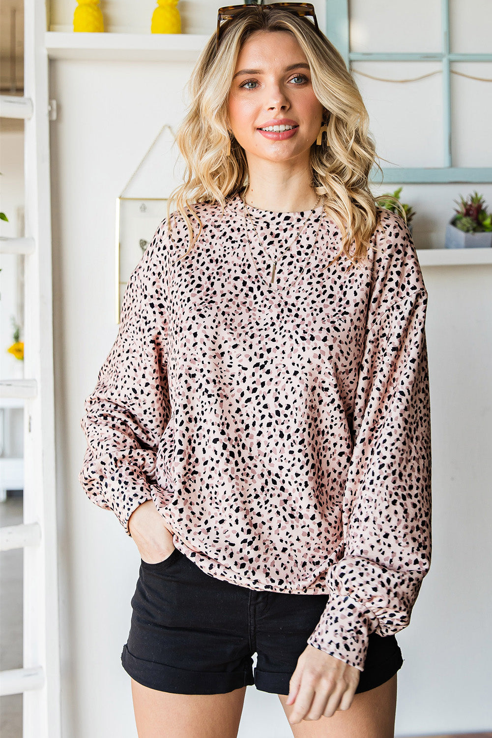 Leopard Print Round Neck Long Sleeve Sweatshirt BLUE ZONE PLANET