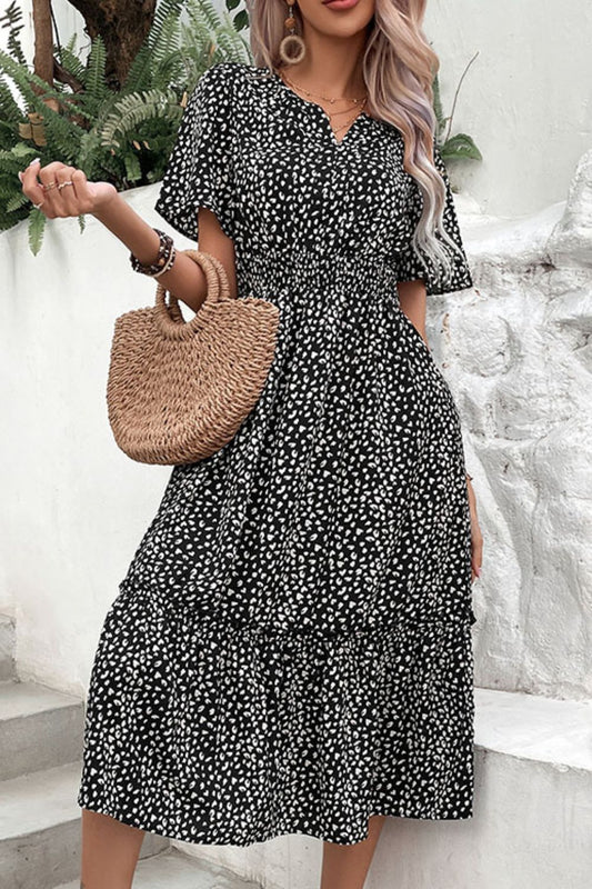 Leopard Print Short Sleeve Midi Dress BLUE ZONE PLANET