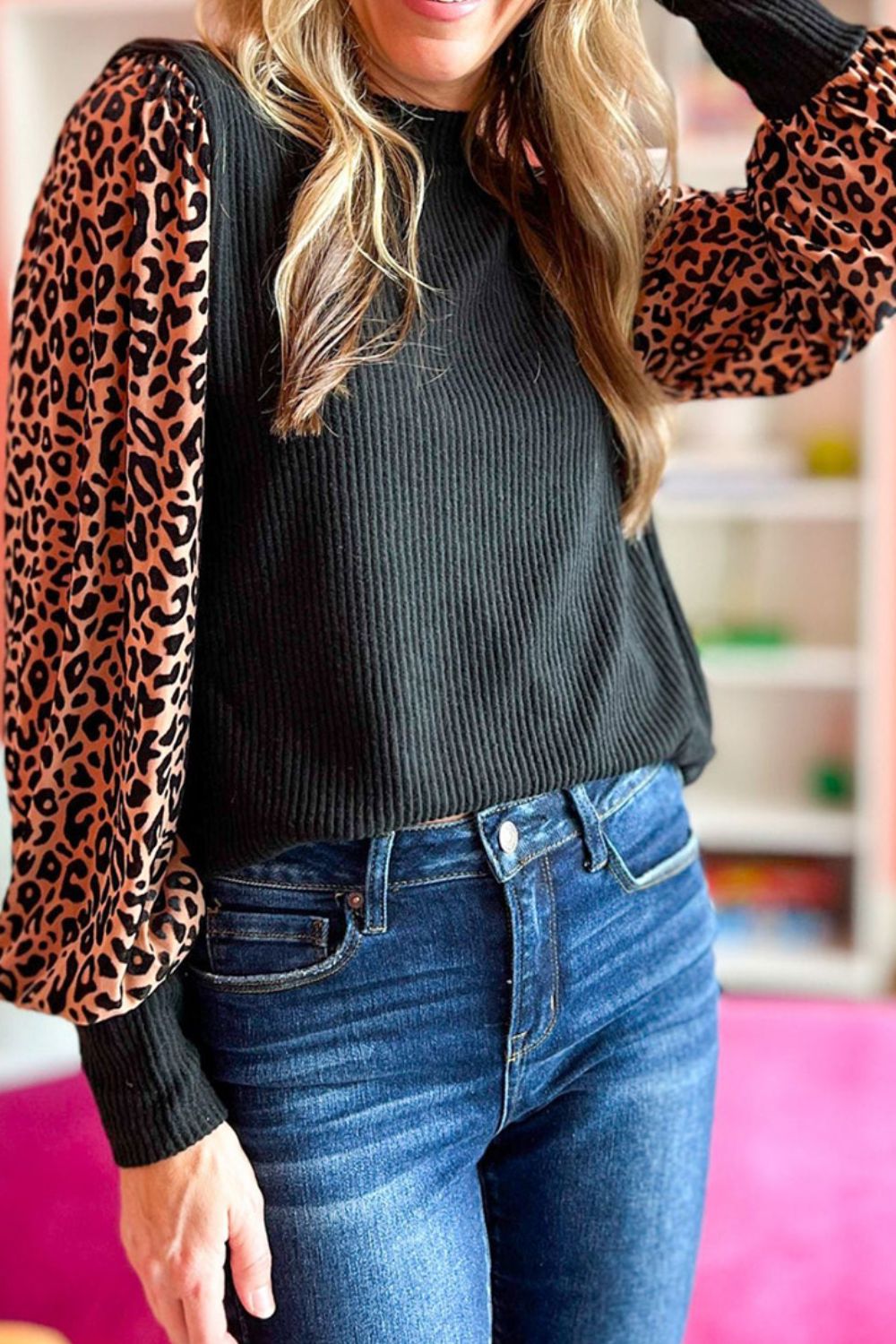 Leopard Print Sleeve Round Neck Blouse BLUE ZONE PLANET