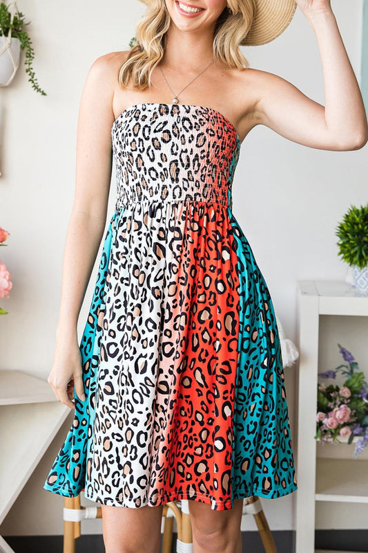 Leopard Print Smocked Strapless Dress BLUE ZONE PLANET