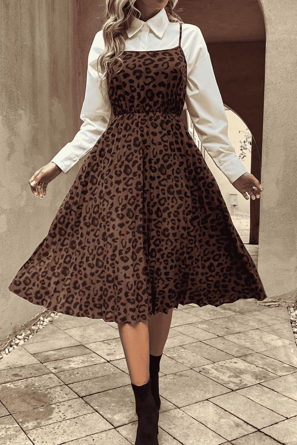 Leopard Print Spaghetti Straps Straight Neck Midi Dress-TOPS / DRESSES-[Adult]-[Female]-2022 Online Blue Zone Planet