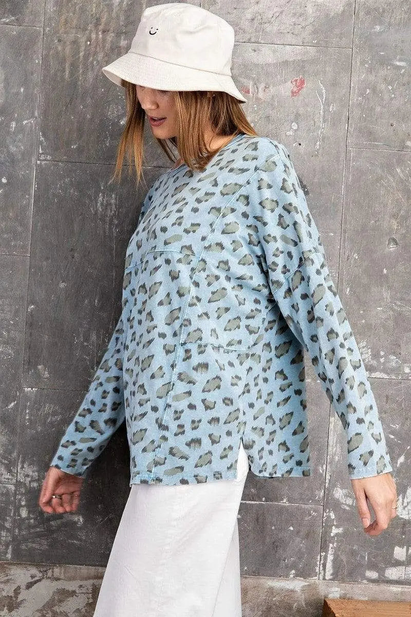 Leopard Printed Garment Dye Loose Fit Knit Top Blue Zone Planet