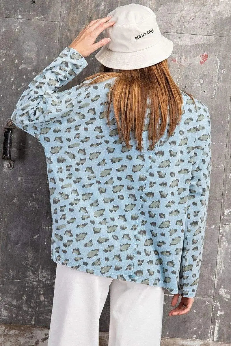 Leopard Printed Garment Dye Loose Fit Knit Top Blue Zone Planet