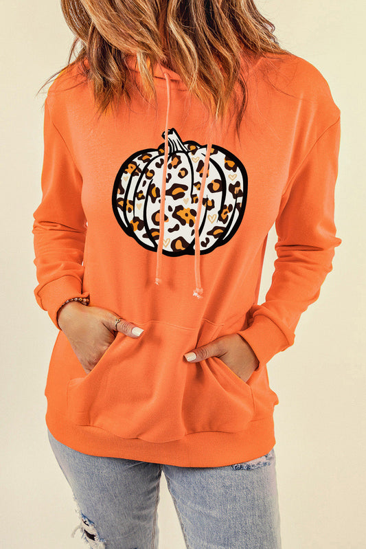 Leopard Pumpkin Graphic Hoodie with Pocket BLUE ZONE PLANET