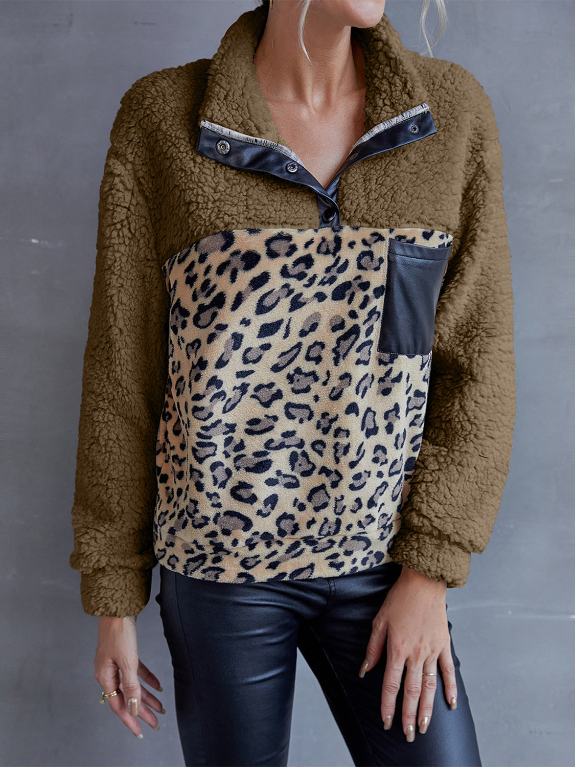 Leopard Quarter-Snap Teddy Sweatshirt BLUE ZONE PLANET