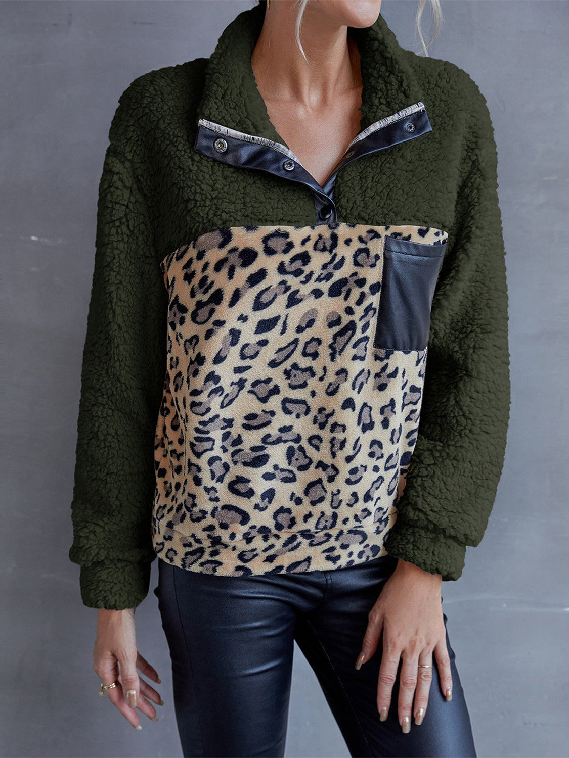 Leopard Quarter-Snap Teddy Sweatshirt BLUE ZONE PLANET