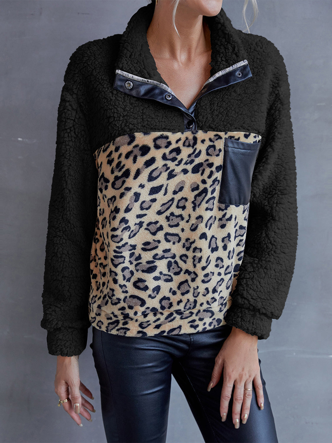 Leopard Quarter-Snap Teddy Sweatshirt BLUE ZONE PLANET