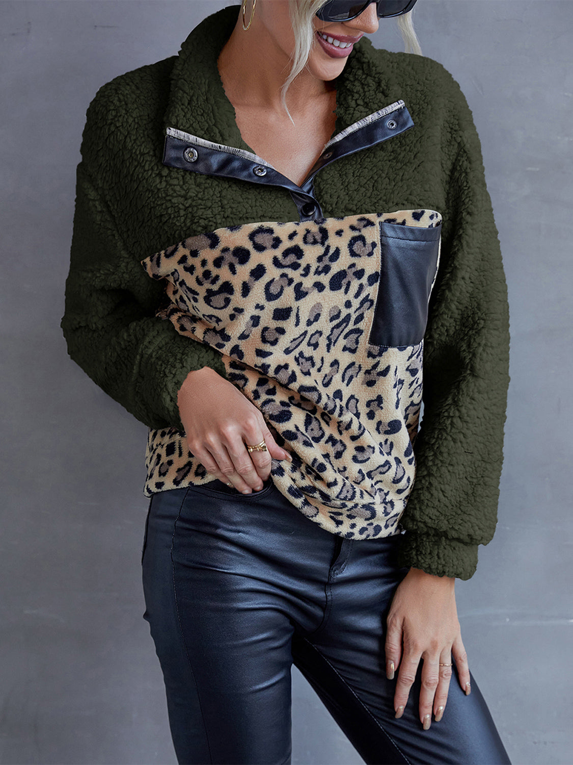 Leopard Quarter-Snap Teddy Sweatshirt BLUE ZONE PLANET