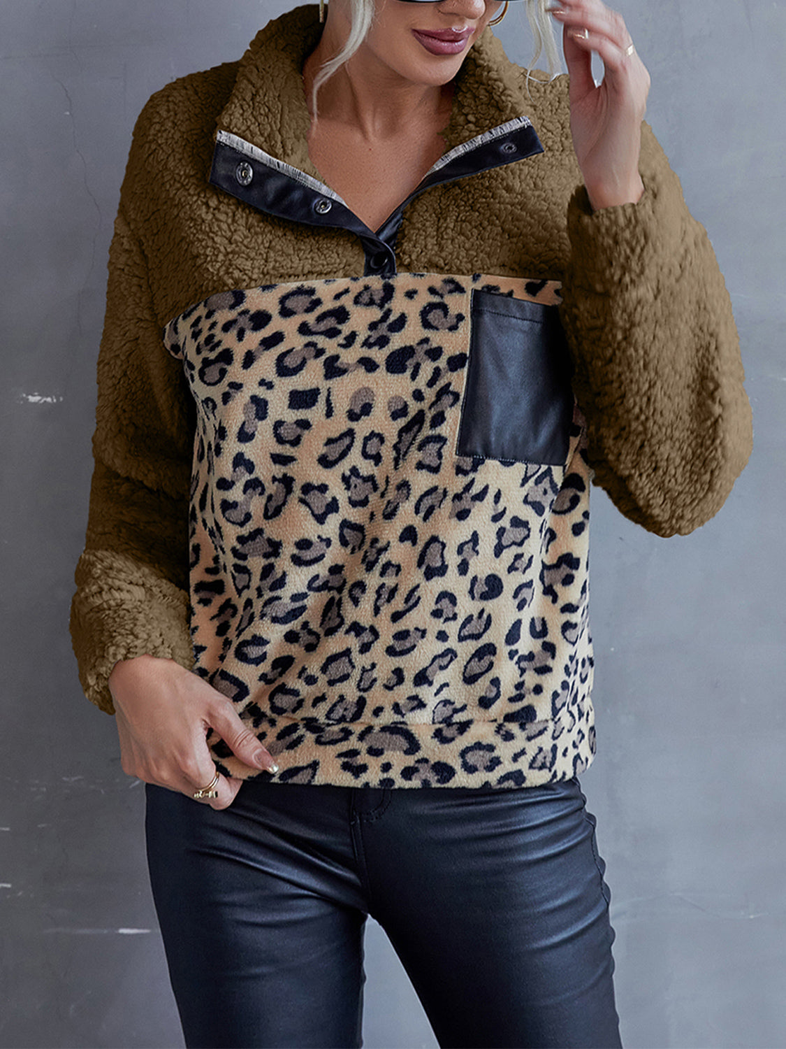 Leopard Quarter-Snap Teddy Sweatshirt BLUE ZONE PLANET