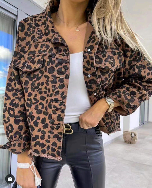 Leopard Raw Hem Denim Jacket BLUE ZONE PLANET