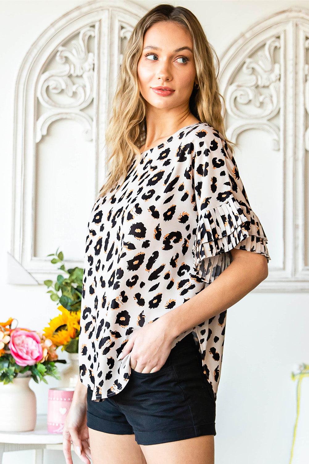 Leopard Round Neck Curved Hem Blouse BLUE ZONE PLANET