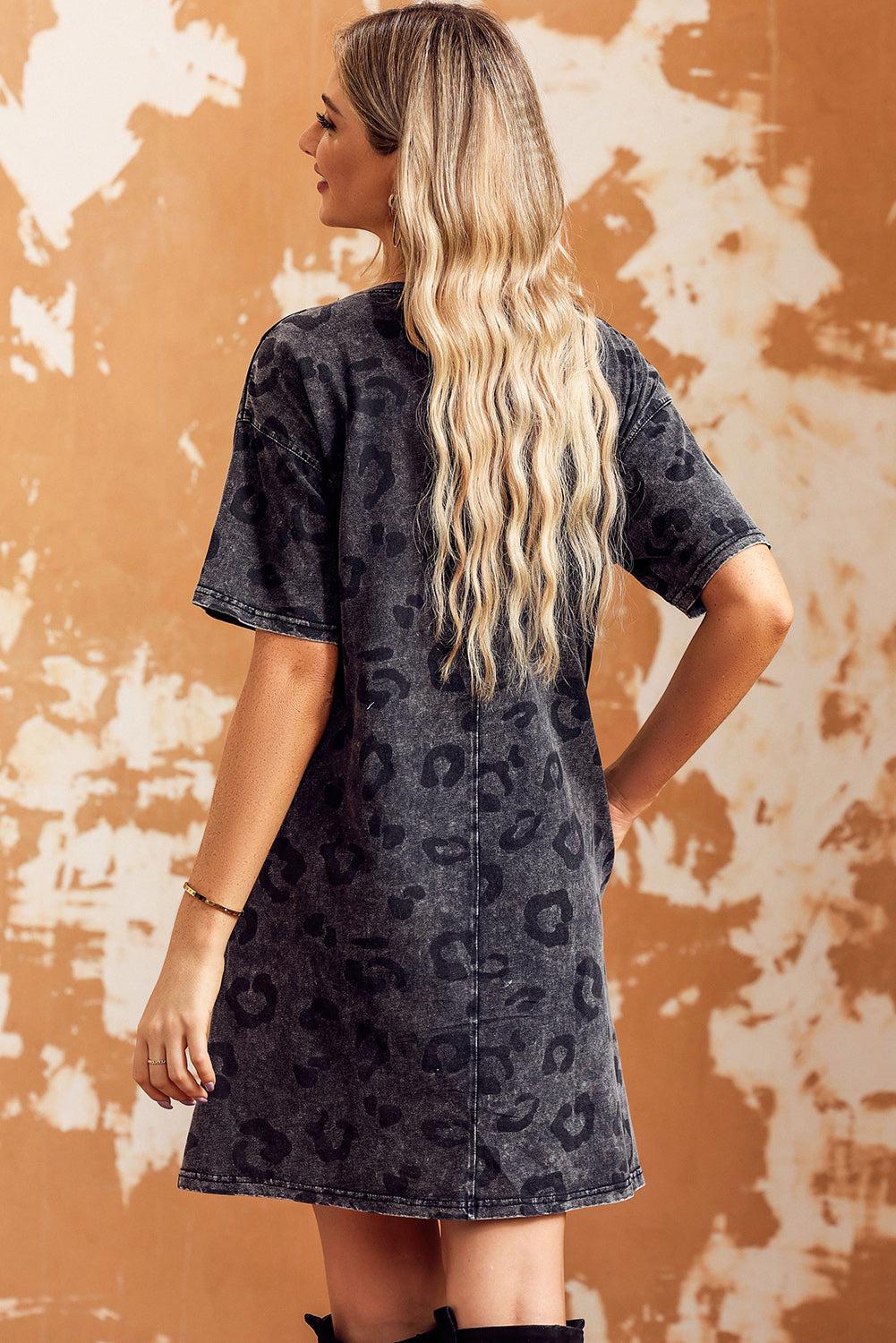 Leopard Round Neck Dropped Shoulder Dress with Pockets BLUE ZONE PLANET