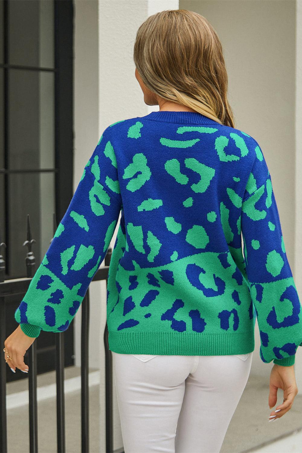 Leopard Round Neck Dropped Shoulder Sweater BLUE ZONE PLANET