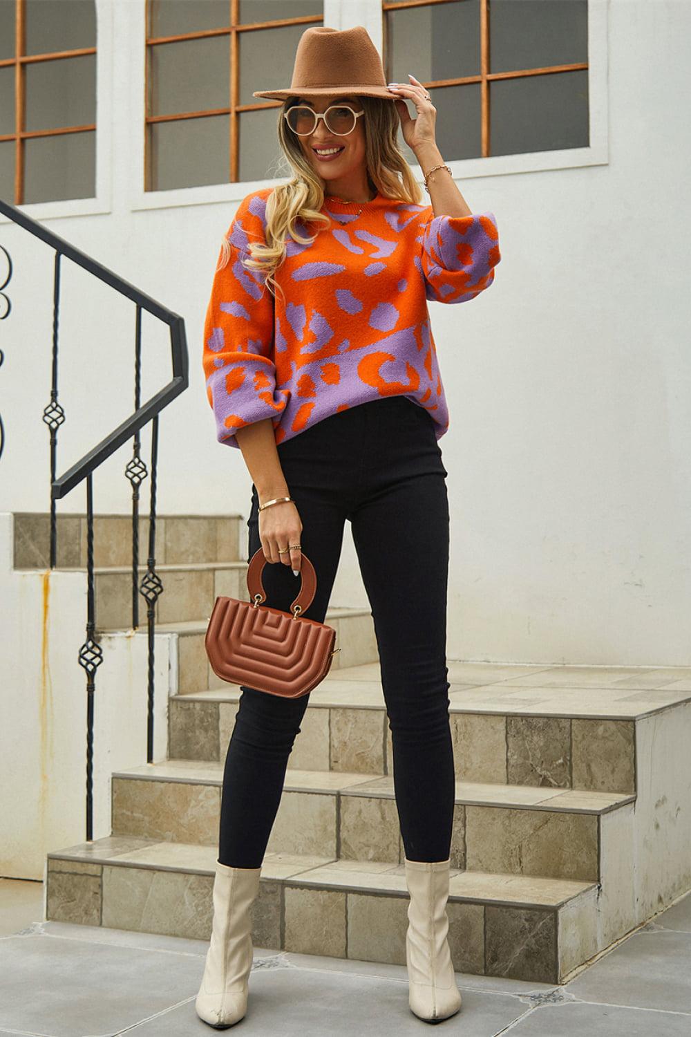 Leopard Round Neck Dropped Shoulder Sweater BLUE ZONE PLANET