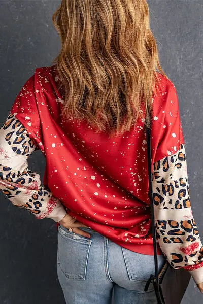 Leopard Round Neck Dropped Shoulder Sweatshirt BLUE ZONE PLANET