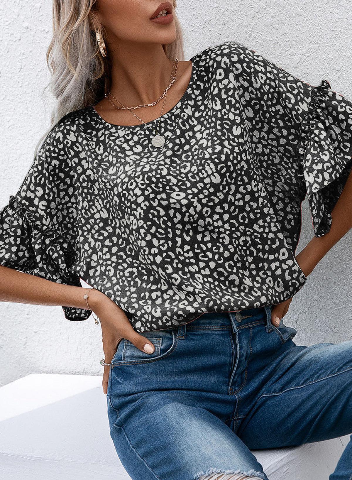 Leopard Round Neck Frill Trim Blouse BLUE ZONE PLANET