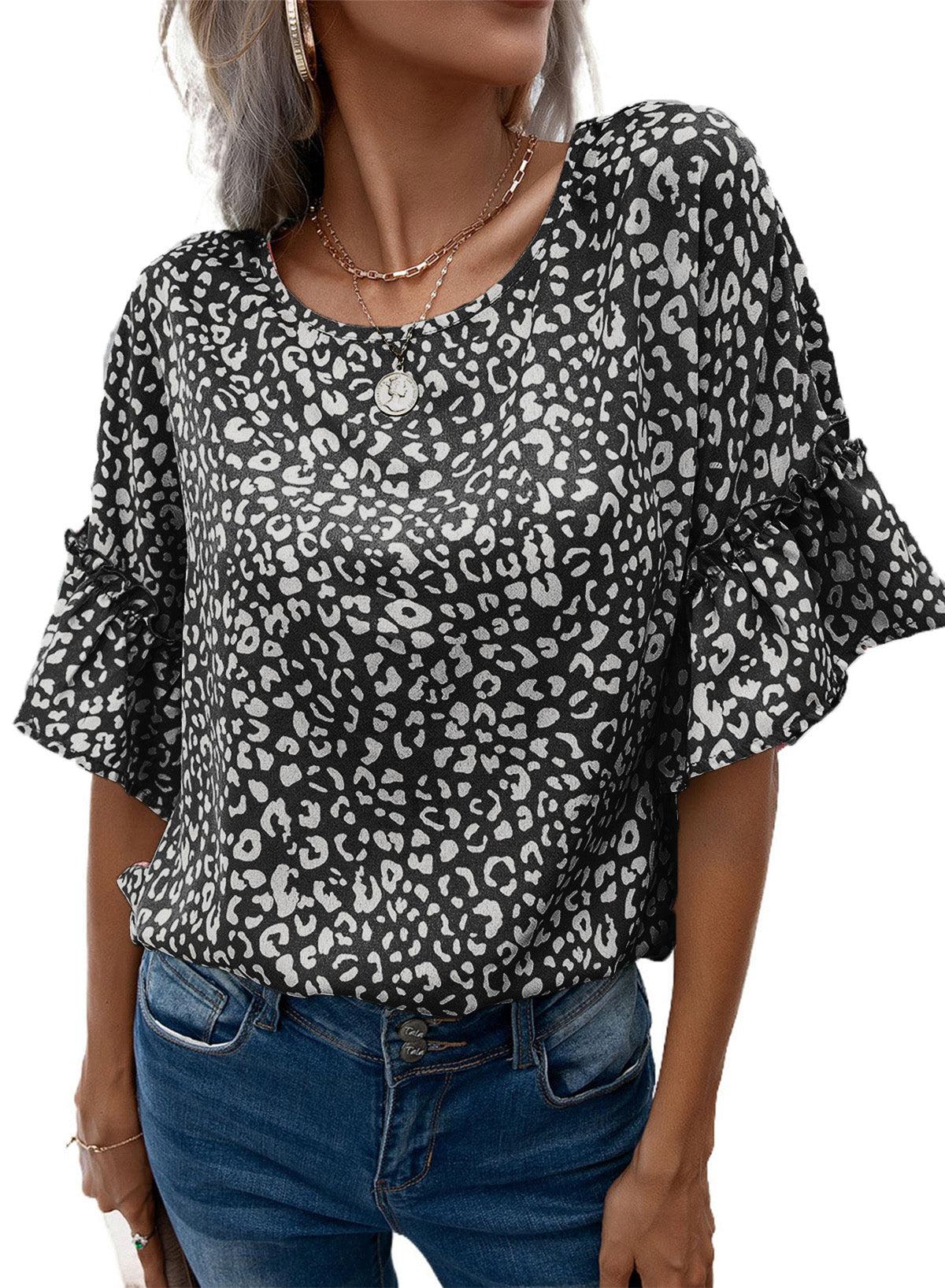 Leopard Round Neck Frill Trim Blouse BLUE ZONE PLANET