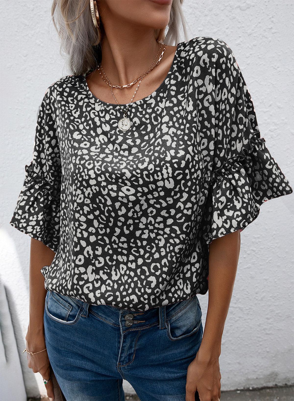 Leopard Round Neck Frill Trim Blouse BLUE ZONE PLANET