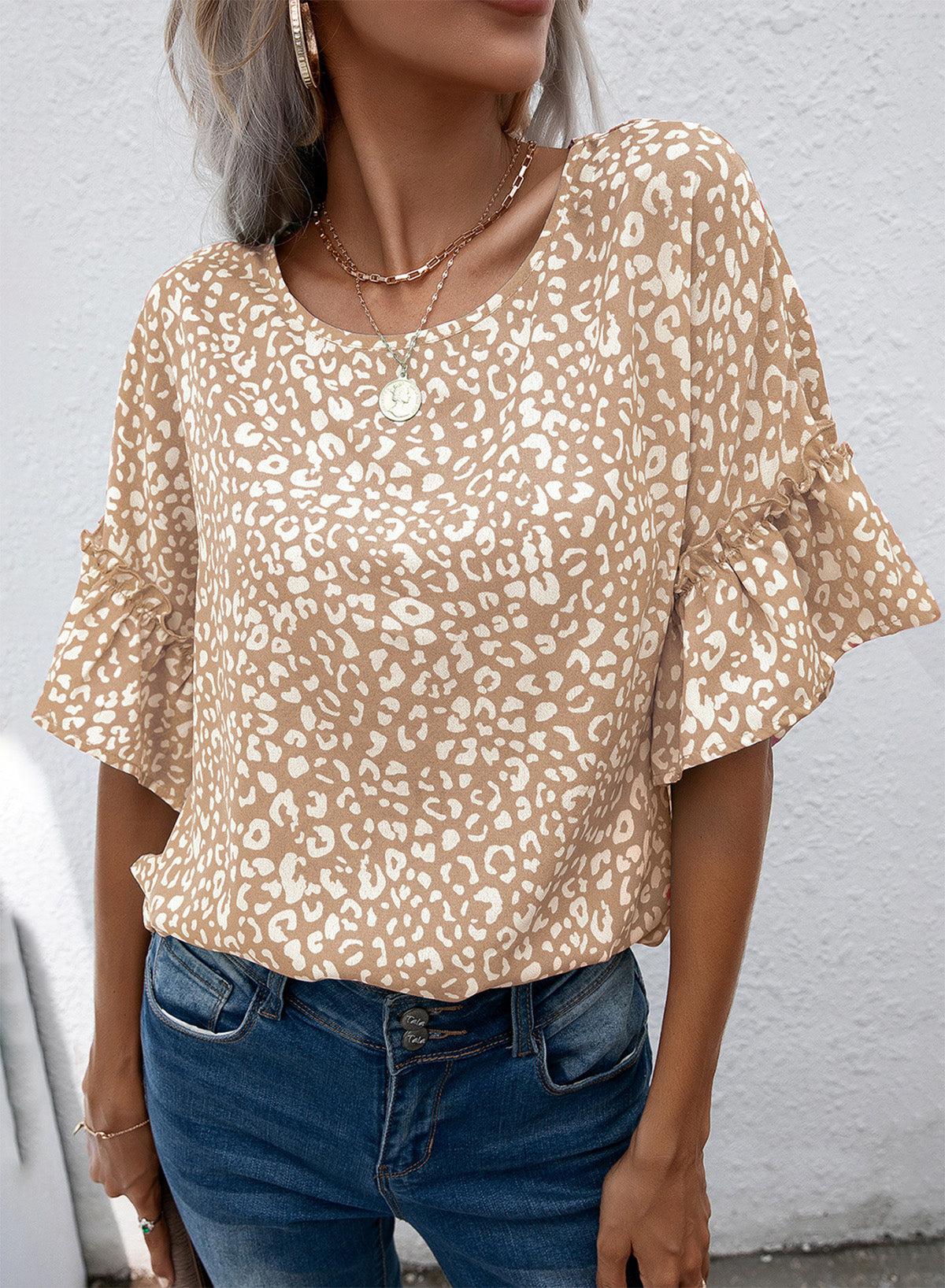 Leopard Round Neck Frill Trim Blouse BLUE ZONE PLANET